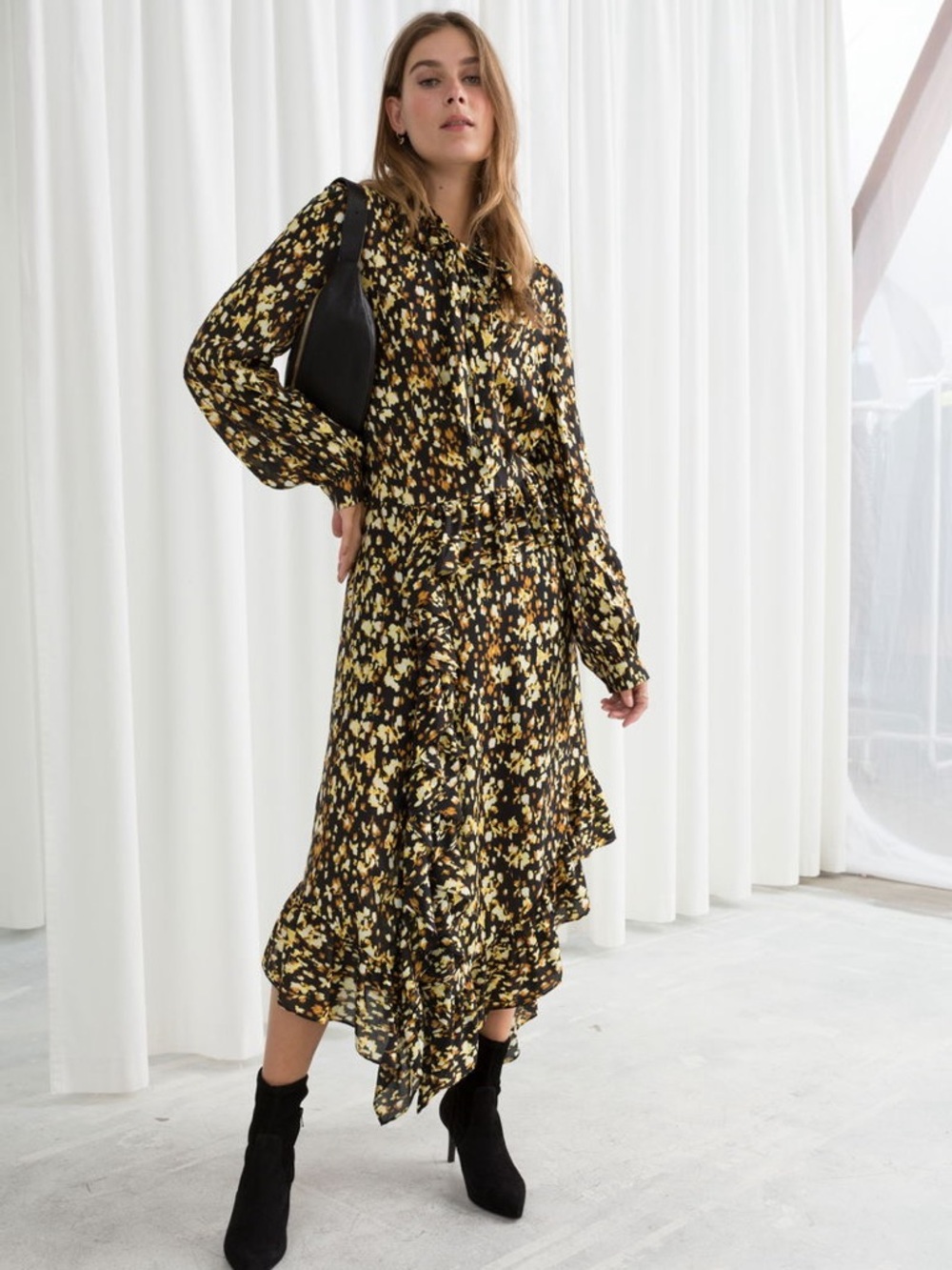 & OTHER STORIES‎ Asymmetrical Ruffled Midi Dress Yellow Floral Printed Women’s 2